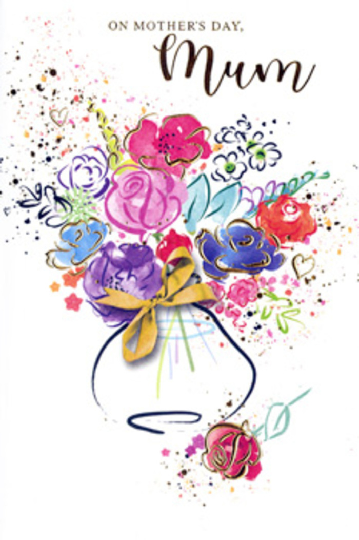 The Mother's Day card artwork shows a whimsical, watercolour bouquet that feels both modern and rooted in tradition, as if inspired by armfuls of seasonal stems gathered near Noak Hill's green edges. At the centre sit lush pink and magenta blooms, their rounded petals edged delicately with indigo lines that capture the look of open garden roses or peonies at full flush. These vivid flowers are embraced by softer blue and lavender shapes that suggest smaller companion blossoms, creating a gentle, cooling frame of colour around the warmer heart of the design. Tracing the curves of selected petals and leaves, fine strokes of gold ink bring a subtle sparkle, reminiscent of early sunlight on glass vases lined up in a village florist's window. The bouquet rises from a curved vase painted in light, translucent washes, making it appear almost weightless. Around the vase's neck, a golden bow sits neatly, conveying a sense of care, like the final touch before a hand-delivered arrangement sets off along the quiet roads of Noak Hill and out toward neighbouring communities. The background remains a clean, bright white, giving the impression of fresh air and open space, while playful hearts and scattered dots of colour dance around the edges, introducing a sense of warmth, fun and family closeness. The image feels intentional yet relaxed, with every brushstroke carrying affection rather than perfectionism. It becomes more than a simple floral motif: it is a painted expression of love and gratitude towards a mum who has offered constancy, comfort and encouragement, a keepsake bouquet to be treasured long after Mother's Day has passed.