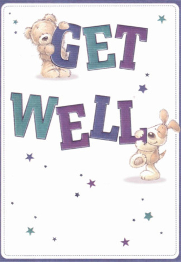 There is a gentle celebration woven through this card's artwork-a soft bear and a floppy-eared puppy depicted in expressive strokes, their forms radiating comfort and companionship. Large, bold letters form 'Get Well,' shaded in lively purples and serene aquas, grounding the scene in cheerful resilience, much like the steady care that defines life in Noak Hill. The pair are surrounded by shimmering stars, as if scattering bright wishes throughout our community, all set upon a pristine white background that suggests clarity and gentle hope. The tactile quality is remarkable: the bear's fluffy coat and the puppy's velvety ears nearly invite you to reach out and feel them, evoking the same sensory delight as a hand-tied bouquet crafted by a familiar florist. This card would carry extra meaning when sent alongside locally-sourced flowers-a radiant gesture of heartfelt support to lift the spirits of someone you care about. The design's light, airy tone is ideal for delivering comfort and reassurance, rooted in the everyday kindness found throughout Noak Hill.