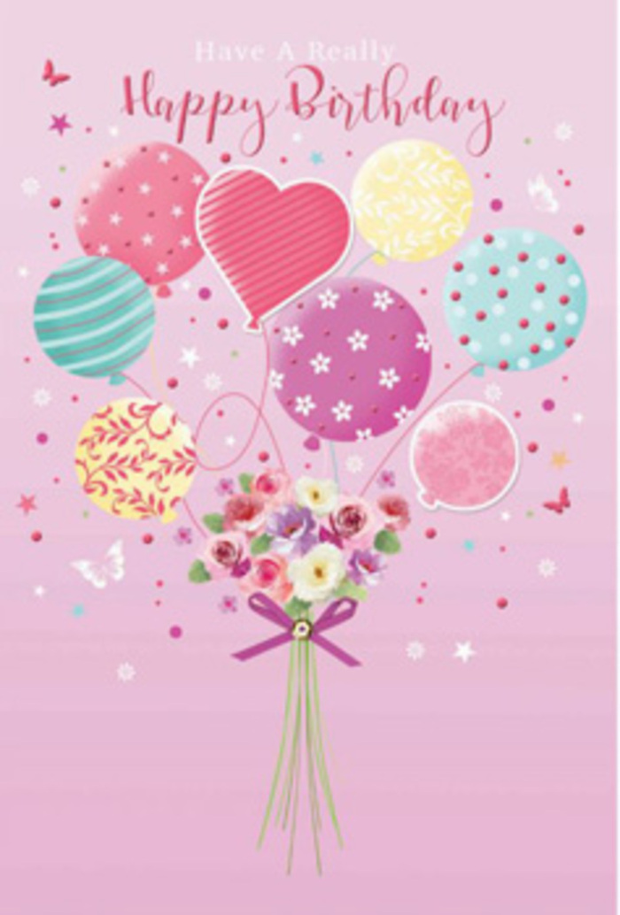 Delicate birthday card scene featuring pastel balloons and a dainty bouquet of flowers, evoking the peaceful charm of Noak Hill on a celebratory morning. The illustration rests on a soft pink backdrop, creating the impression of gentle light filtered through curtains in a cosy living room. At the centre, a small cluster of balloons rises, each a different pastel shade-pale sunshine yellow, blush pink, lavender, mint green, and soft teal. Their rounded shapes are adorned with playful patterns: some wrapped in curved, ribbon-like stripes, others scattered with tiny polka dots, and a few embellished with subtle floral prints, mirroring the wild gardens and hedgerows around local Noak Hill lanes. These balloons appear to float from a bouquet at the bottom of the composition, as if the flowers themselves have become the anchor of the celebration. The bouquet includes miniature roses and soft, daisy-like blossoms, painted in creamy ivory, romantic blush, and gentle mauve. The petals are finely shaded from base to tip, suggesting a velvety, almost touchable texture. Stems are loosely gathered and finished with a sparkling purple bow tied firmly at the base, its loops and tails catching the light with a satiny gleam. Soft illumination washes over the entire scene, highlighting the gloss of the balloons and the natural glow of the blooms, casting faint shadows that lend depth. The overall feeling is one of quiet jubilation-joyful yet tender-like finding a personalised card and handpicked bouquet waiting on the table of a Noak Hill cottage, ready to make the birthday person feel seen, loved, and truly celebrated.
