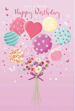 Whimsical birthday illustration of pastel balloons floating above a sweet, hand-tied bouquet, reflecting the gentle, village-like atmosphere of Noak Hill. The whole scene unfolds on a blush pink background, simple and uncluttered, giving space for the design to breathe. In the middle, balloons in soft pink, sea green, pale yellow, lavender, and teal cluster together, their strings implied rather than strictly drawn, allowing the viewer to imagine them gently swaying. Each balloon boasts its own character: some spiral with candy-coloured stripes, others are dotted with cheerful spots, and a few display delicate, floral-inspired motifs as if echoing blossom-laden branches in local gardens. Cradled at the base is a petite bouquet of flowers that appears to hold the balloons in place. The bouquet features small roses and anemone-like blossoms in creamy white, blush pink, and muted mauve. Their petals are drawn with layered softness, giving an impression of fullness and freshness, like blooms just chosen from a florist's bucket. A violet satin bow encircles the stems in a tidy knot, its smooth, slightly shining texture suggesting the practiced touch of a professional florist, such as the team at Noak Hill Florist. Gentle light seems to stream from above, adding a soft sheen to the balloons and a warm glow to each petal, without harsh shadows. Subtle star-like specks and hints of butterflies may hover nearby, adding a fairy-tale quality. Together, these elements create a tender, uplifting birthday scene, like a card propped beside a real bouquet in a Noak Hill kitchen, turning an ordinary day into one that feels bright, loved, and unforgettable.